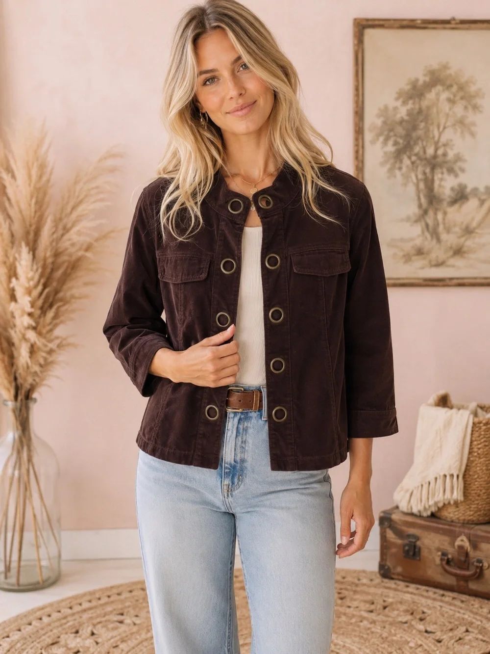Women's Dark Brown Casual Corduroy Grommet Front Jacket